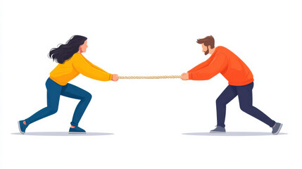 Obraz premium woman and man engage in tug of war, pulling rope against each other with determination. illustration features dynamic pose and vibrant colors, highlighting competitive spirit
