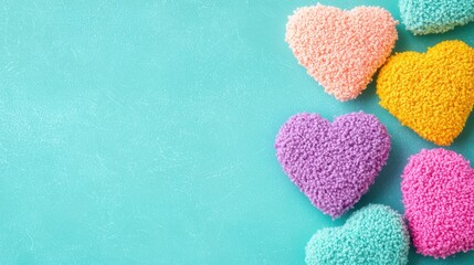 Obraz premium Pastel Textured Hearts on Teal Glitter Backgrounds and Decorated Images With Copy Space. Images