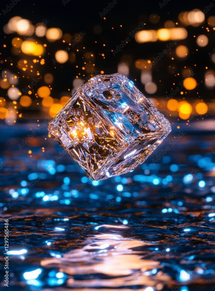 Poster abstract image of a translucent cube levitating above a reflective surface, surrounded by sparkling 
