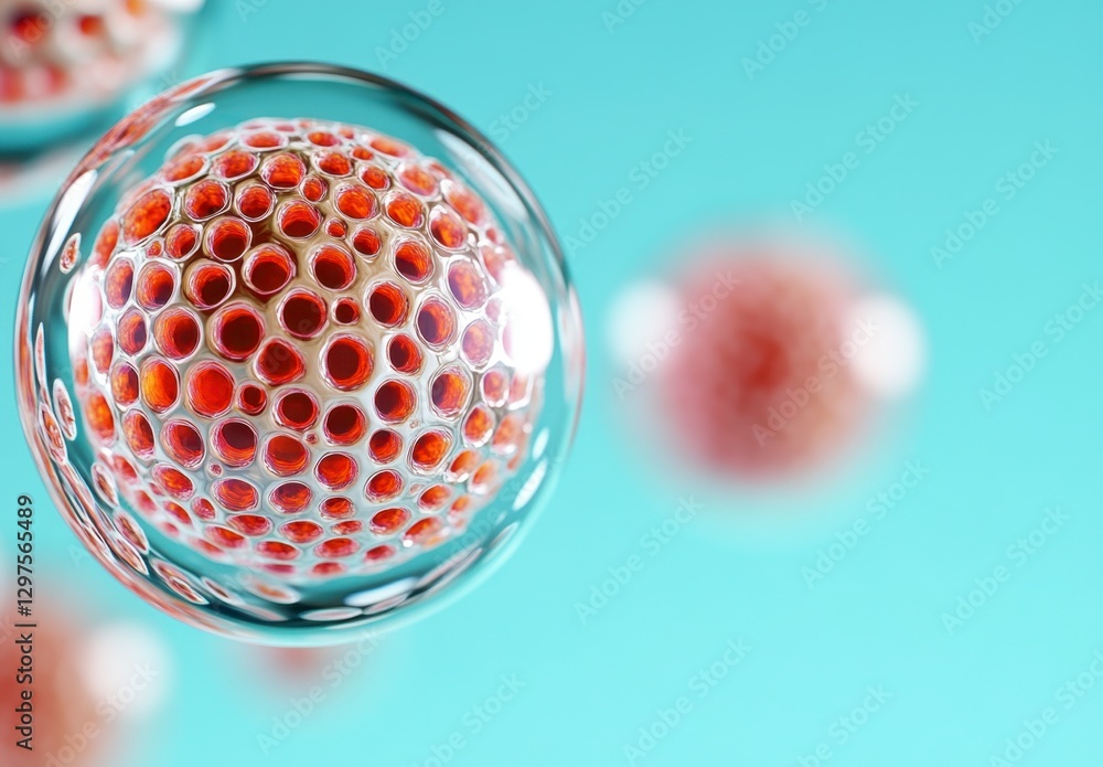 Poster microscopic view of translucent spheres containing textured, orange cellular structures against a li