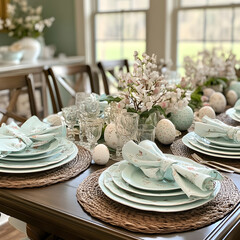 "Elegant Easter Dining Table Set with Themed Plates, Napkins, and Centerpieces, Perfectly Prepared for the Holiday."