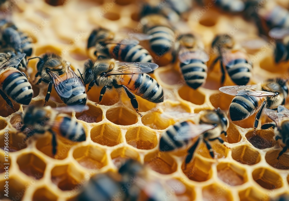 Poster Close-Up View of Honey Bees Working on Honeycomb in a Beehive, Showcasing Their Busy Nature and Intricate Structure of the Hexagonal Cells