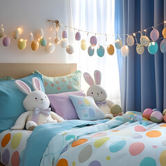 "A Child's Bedroom Decorated for Easter, with Bunny Stickers, Egg-Shaped Garlands, and Stuffed Bunnies on the Bed. Colorful, Joyful Atmosphere."