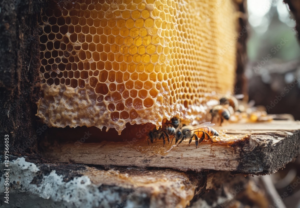 Poster close-up view of honeycomb with bees collecting nectar in a natural setting, capturing the essence o