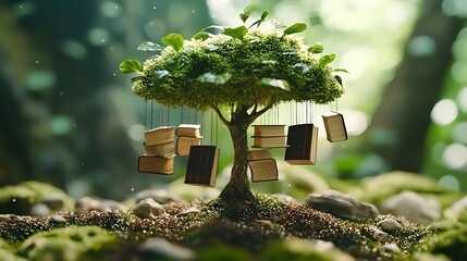 Whimsical tree of knowledge enchanted forest illustration tranquil environment close-up view imagination and learning
