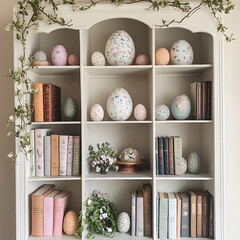 "A Bookshelf Decorated with Easter-Themed Books and Decorations, Creating a Cozy Literary Atmosphere."