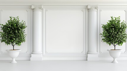 Two Green Potted Plants Flanking White Classical Columns Against a Panelled White Wall