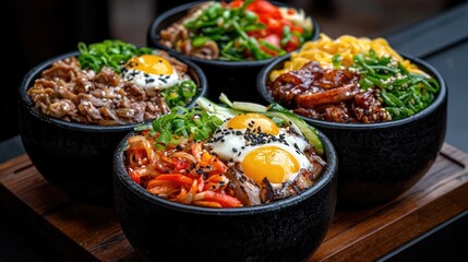 Obraz premium Four traditional Korean bibimbap bowls filled with beef, fried eggs, kimchi, and fresh vegetables are arranged on a wooden tray in a restaurant setting.