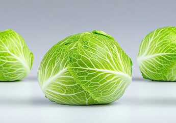 Fototapeta premium Three fresh green cabbages on a light gray background. The central cabbage is in focus, showcasing its texture and vibrant color. The other two are