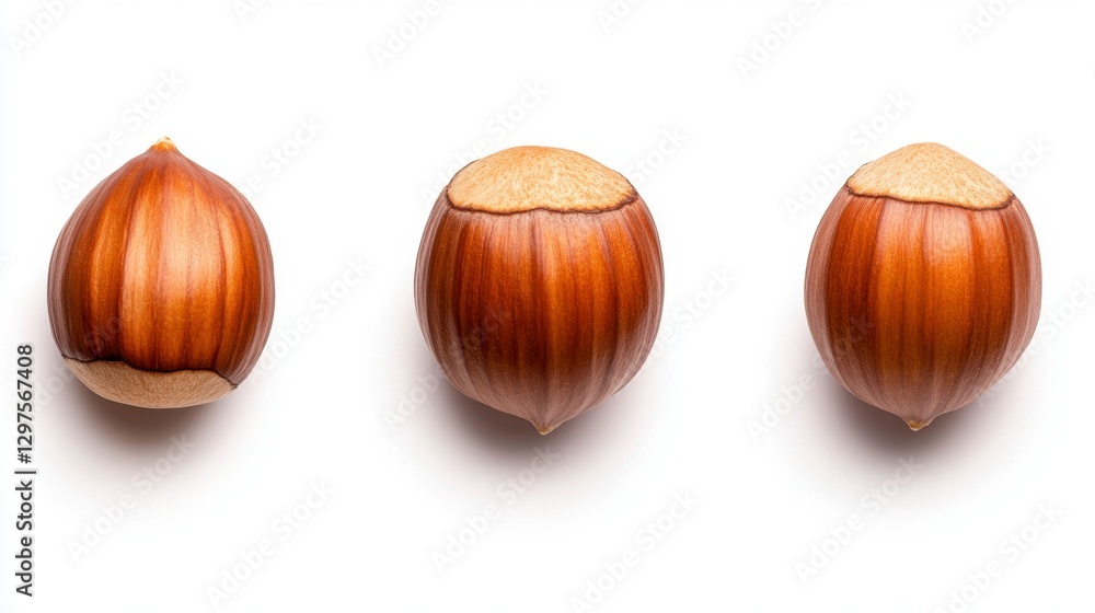 Poster three hazelnuts arranged in a row against a clean white background. close up shot showing detail of 