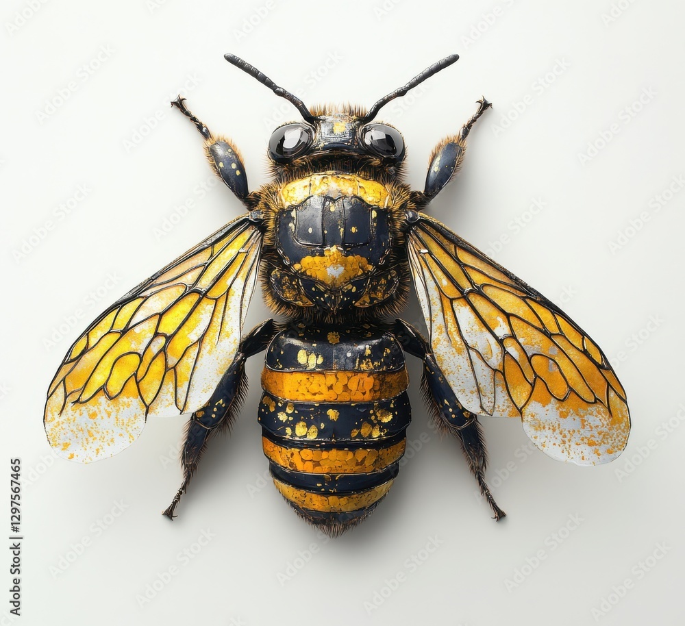 Poster detailed close-up of a vibrant bee displaying intricate patterns on its wings and body, showcasing t