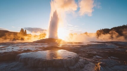 Majestic Eruption of a Geyser Against a Stunning Sunrise Sky