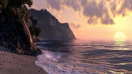 Serene Sunset Over Coastal Cliffs and Sandy Beach