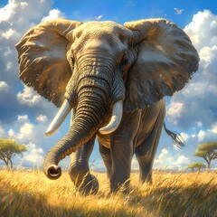Fototapeta premium Elephant walking elegantly through a field of tall grass in the wild landscape