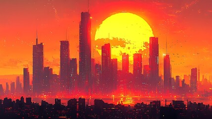 Fototapeta premium Sunset over a modern city skyline urban landscape digital art vibrant atmosphere aerial view futuristic concept