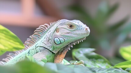 Obraz premium Emerald Iguana in Lush Tropical Rainforest Reptile Lizard Wildlife Nature Closeup