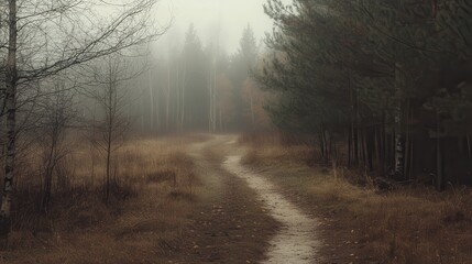 Naklejka premium Serene Misty Forest Pathway with Lush Green Trees and Foliage