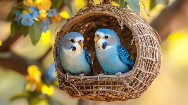 Blue Parakeets in Hanging Bird Nest, Sunny Garden