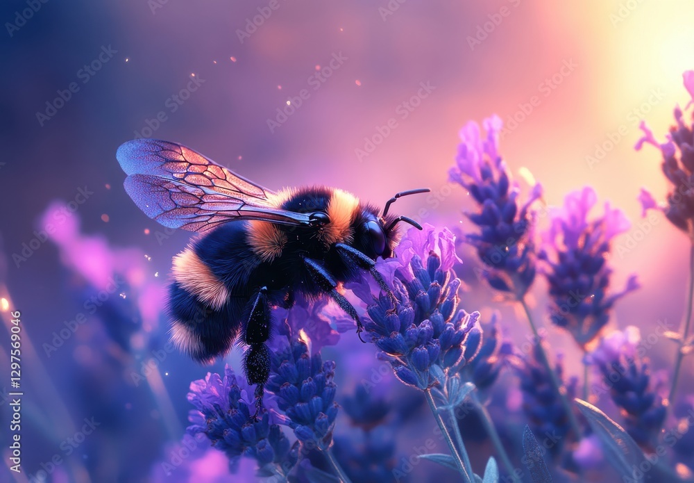 Poster macro shot of a bumblebee pollinating vibrant lavender flowers in a dreamy atmosphere with soft focu