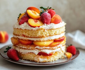 Delicious layered peach and strawberry cake kitchen food photography bright fresh dessert concept