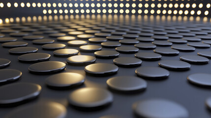 Fototapeta premium Futuristic surface with reflective black circular patterns and glowing lights creates modern and sleek visual effect