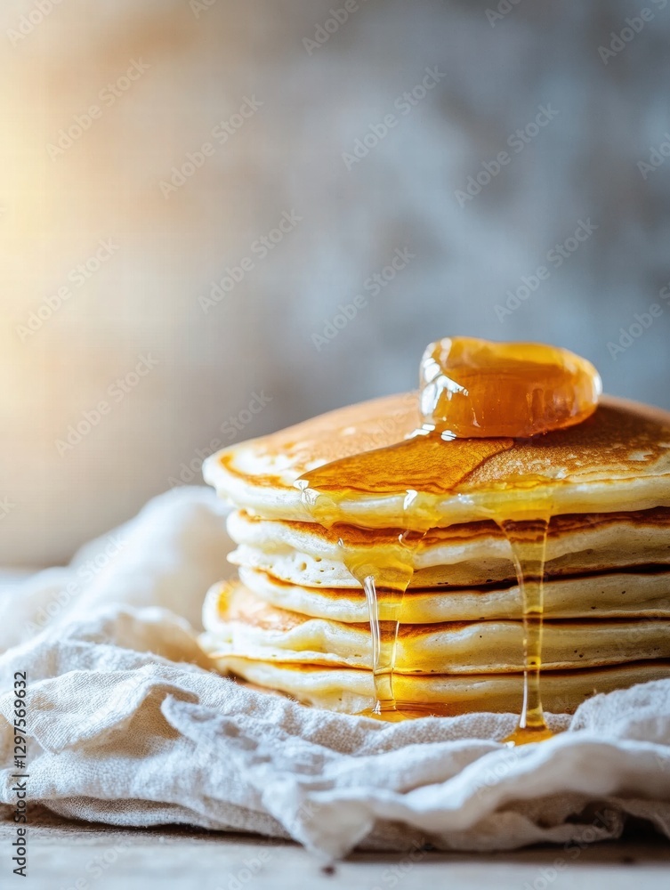 Poster Stack of golden pancakes drizzled with warm honey on a rustic table in the morning sunlight. Generative AI
