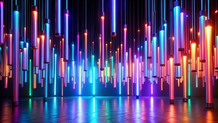 Vibrant Colorful Neon Tubes Hanging in a Dark Modern Space