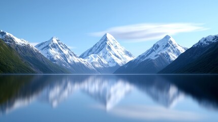 Fototapeta premium Snow-capped mountain peaks reflect in calm lake under bright blue sky in a serene landscape