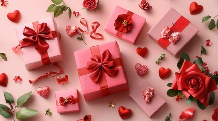 Pink Gift Boxes With Red Ribbons And Hearts On Pastel Backgrounds and Decorative Items Arrangement