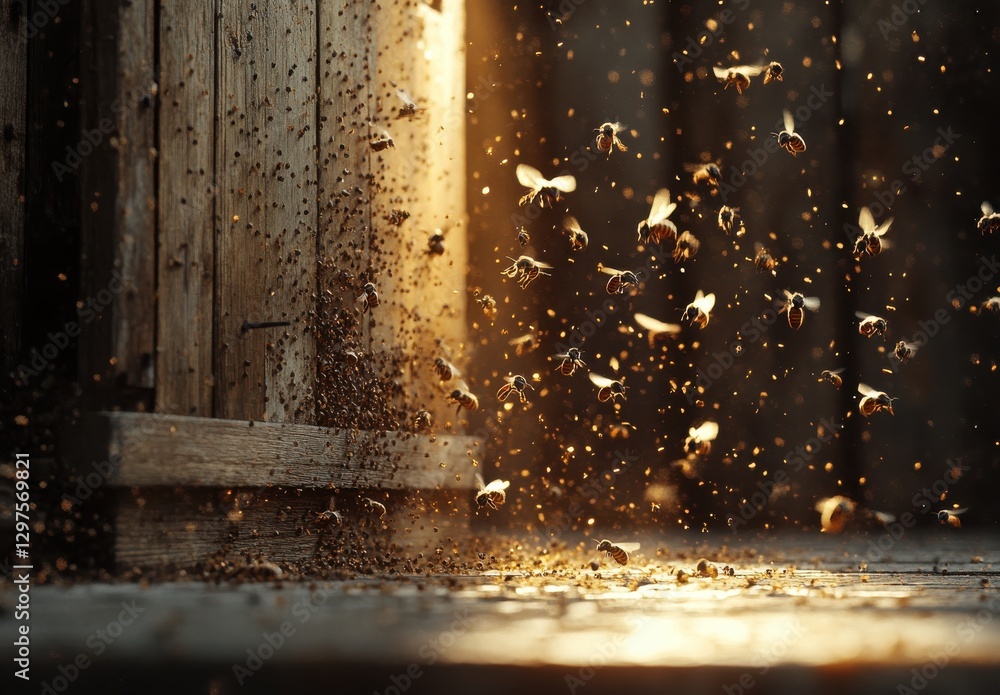 Poster swarm of bees in a rustic setting with warm light and dust particles capturing nature's beauty and t
