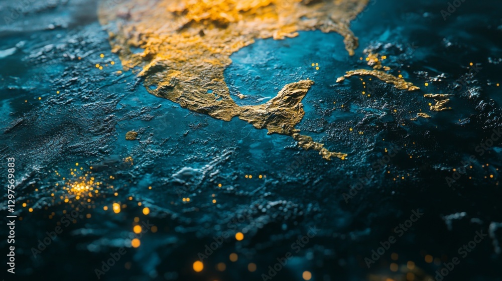 Poster abstract close-up view of a textured map with warm and cool color contrasts highlighting north ameri