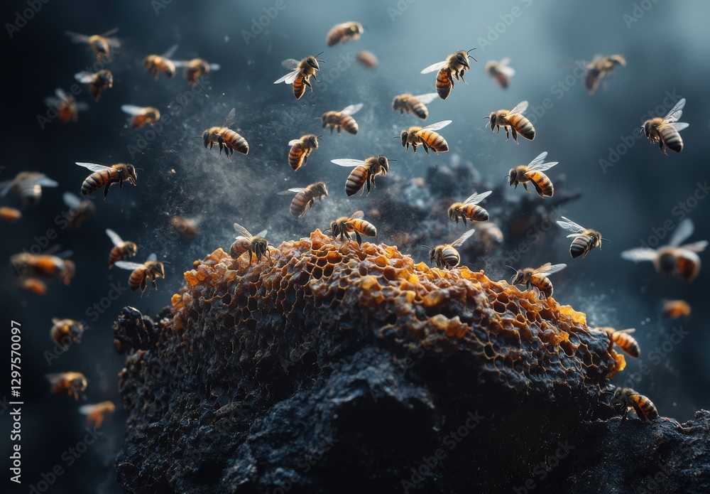 Poster swarm of honey bees hovering around honeycomb on dark background, close-up of active insect behavior