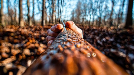 Fototapeta premium Hand holding tree branch, autumn forest background