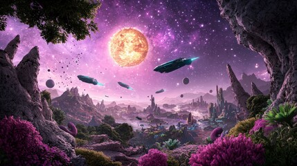 Obraz premium Futuristic Alien Cityscape Spaceships Nebula Purple Planet