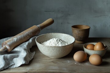 Baking preparation with flour and eggs kitchen table food photography rustic environment close-up view culinary concept