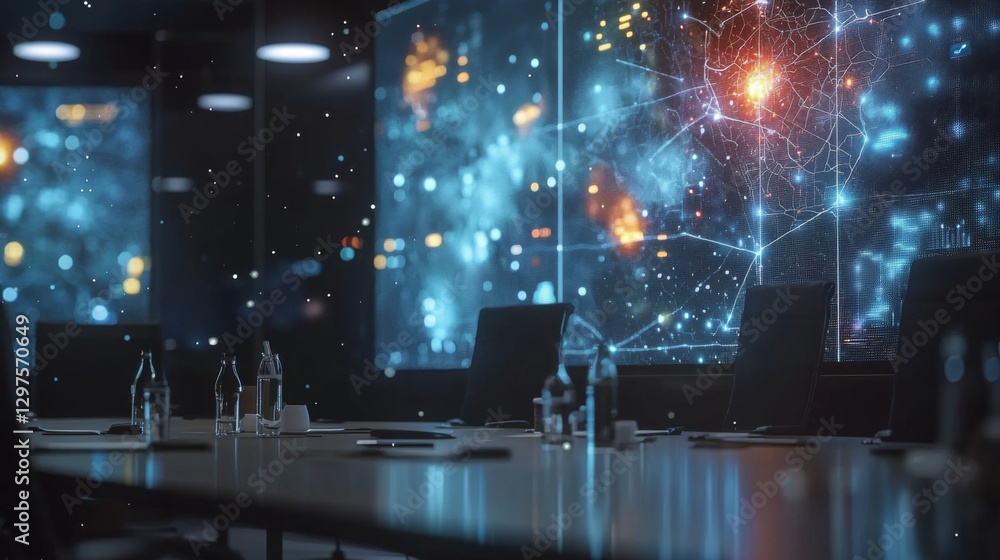 Aufkleber modern conference room with digital screens displaying complex data and futuristic visuals for techn
