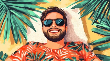 A cheerful man in sunglasses is relaxing on the beach while sunbathing wearing sunscreen, enjoying a summer vacation day abstract art concept