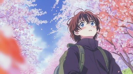 Obraz premium Anime Boy Cherry Blossoms Spring Pastel Backpack Youth Hopeful Dreamy Peaceful Sce