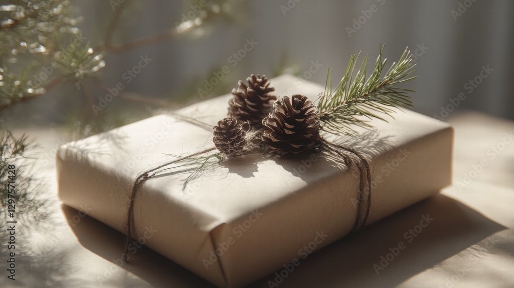 Poster rustic gift wrapped in brown paper decorated with pinecones and evergreen sprig in soft natural ligh