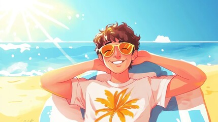 A cheerful man in sunglasses is relaxing on the beach while sunbathing wearing sunscreen, enjoying a summer vacation day abstract art concept
