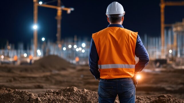 Night Security Guard Patrolling Construction Site During Dark Hours - Powered by Adobe