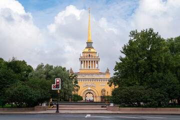 View of the Admiralty building and the Alexander Garden on a sunny summer day, Saint Petersburg,...