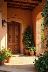 Fototapeta premium Sunlit entryway with ornate wooden double doors and potted plants