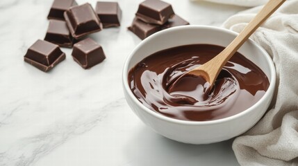 Melting dark chocolate in a bowl with chocolate pieces on a marble countertop. Generative AI