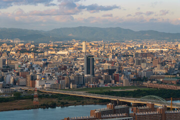 View of the city along the banks of the Yodo River from the observation deck on the roof of the...