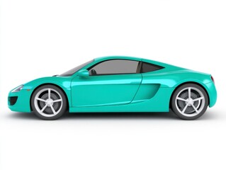 Side profile of a teal sports car on a white background. The car is sleek and modern with a low profile and aerodynamic design. It has tinted windows