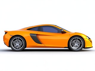 Naklejka premium Orange sports car profile view on white background. Sleek design, aerodynamic lines, and shiny finish. Studio shot, side view, isolated