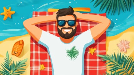 A cheerful man in sunglasses is relaxing on the beach while sunbathing wearing sunscreen, enjoying a summer vacation day abstract art concept