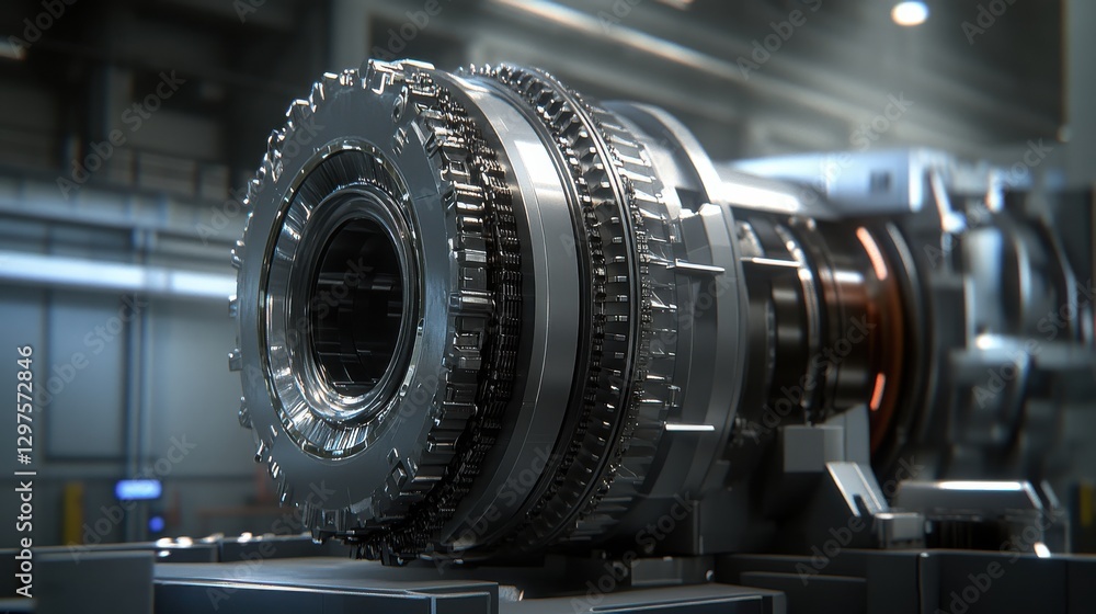 Aufkleber close-up view of complex mechanical engine component in advanced manufacturing facility with industr