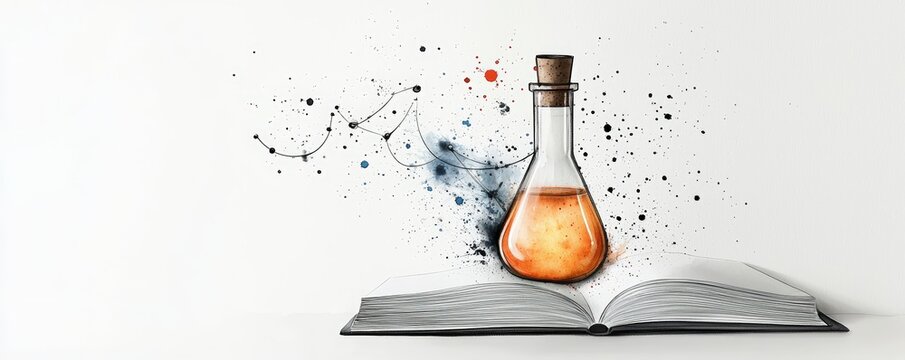 A vibrant chemistry scene featuring an open book and a flask with colorful liquid, symbolizing knowledge and creativity.